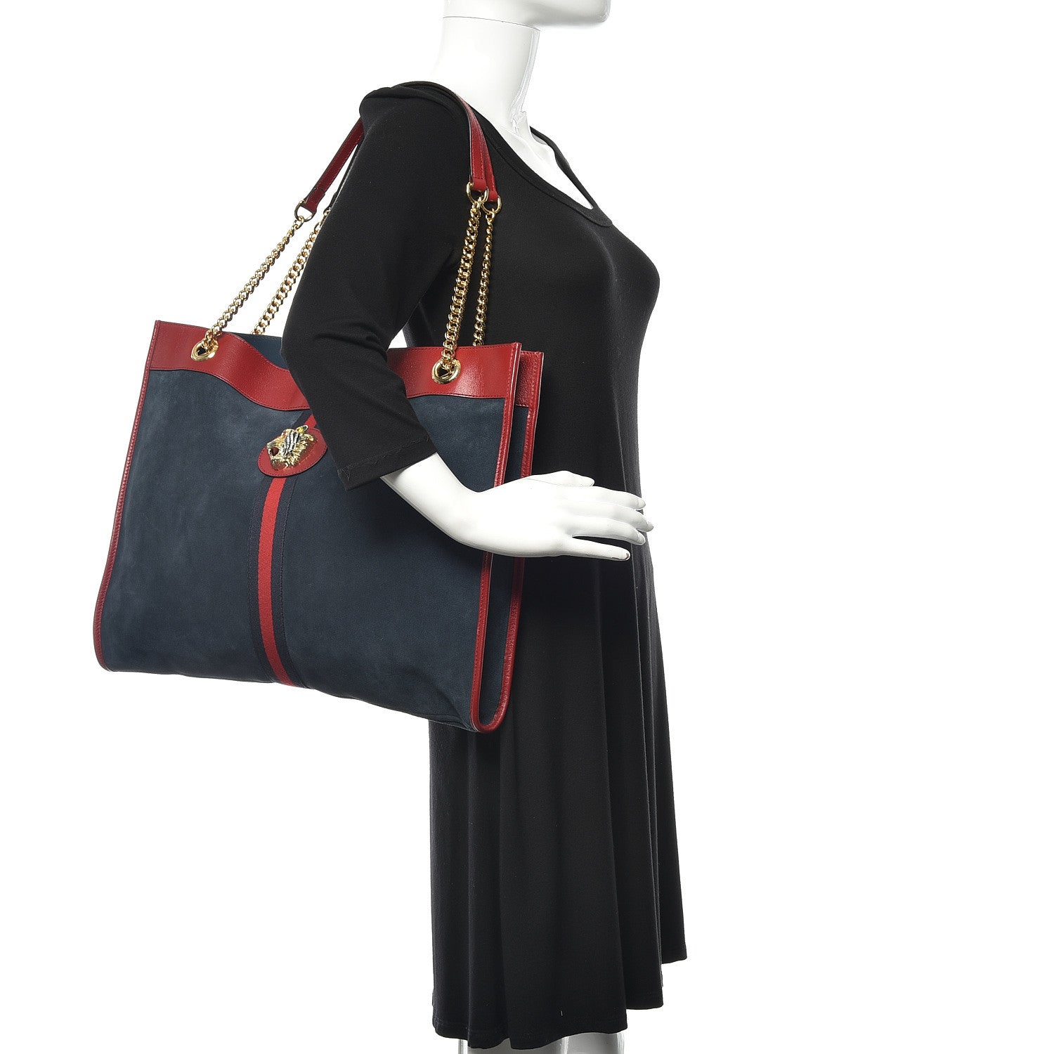 Gucci Suede Calfskin Large Rajah Chain Tote New Blue Romantic Cherry 2 of 11