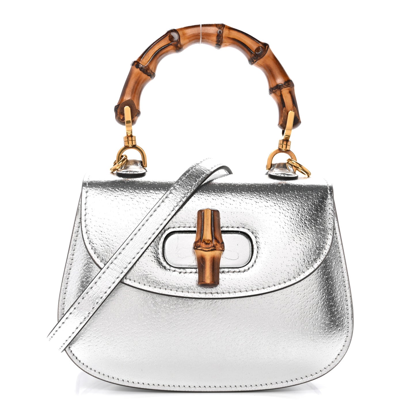 Metallic Calfskin Mini Bamboo 1947 Top Handle Bag Silver