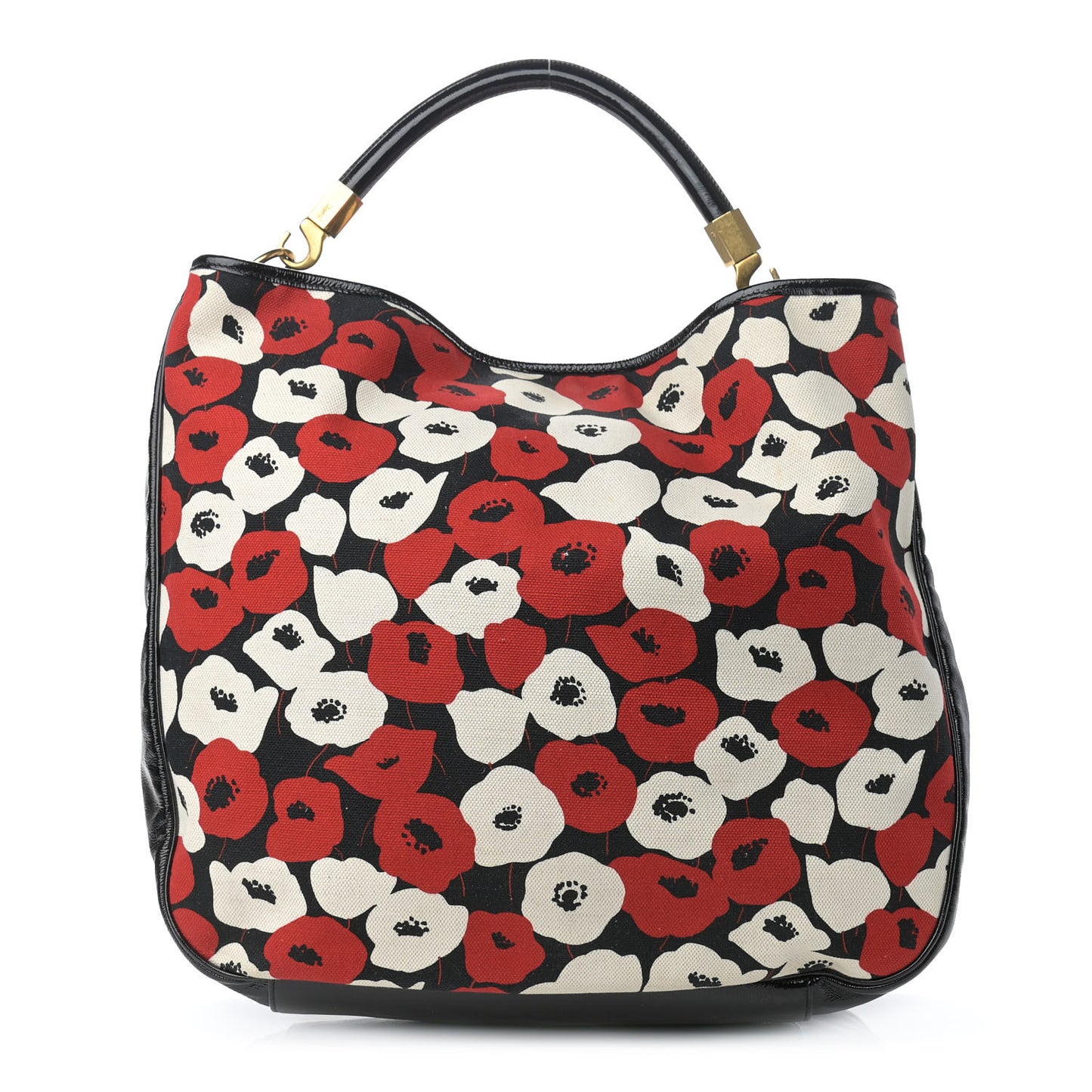 Patent Leather Canvas Poppy Print Large Roady Hobo Black