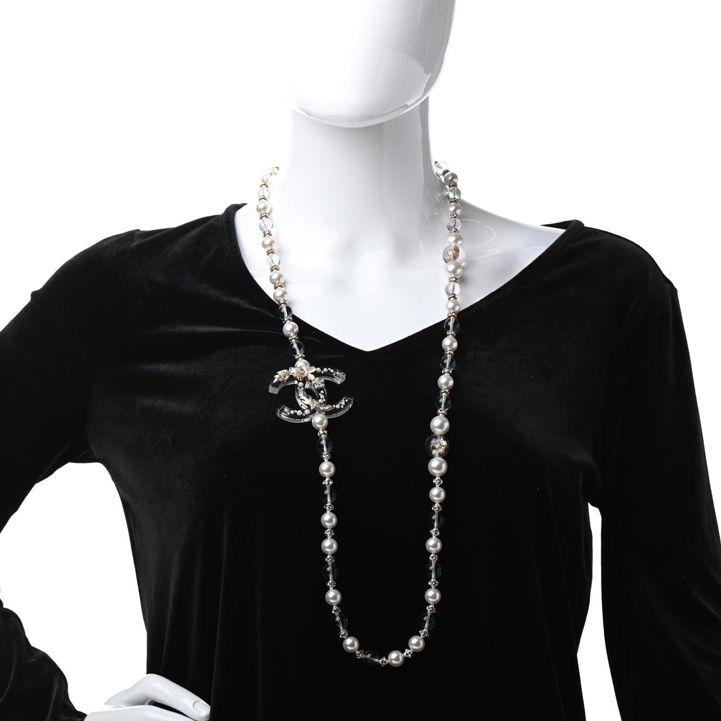 Resin Pearl Crystal CC Long Necklace Transparent Gold