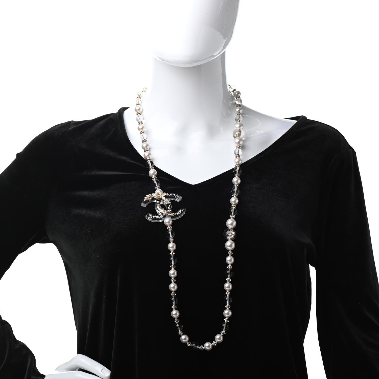Chanel Resin Pearl Crystal CC Long Necklace Transparent Gold 2 of 6