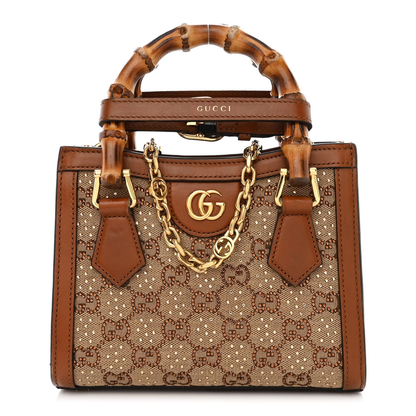 New Canvas Charisma Calfskin Crystal GG Monogram Mini Diana Tote Bag Camel Ebony