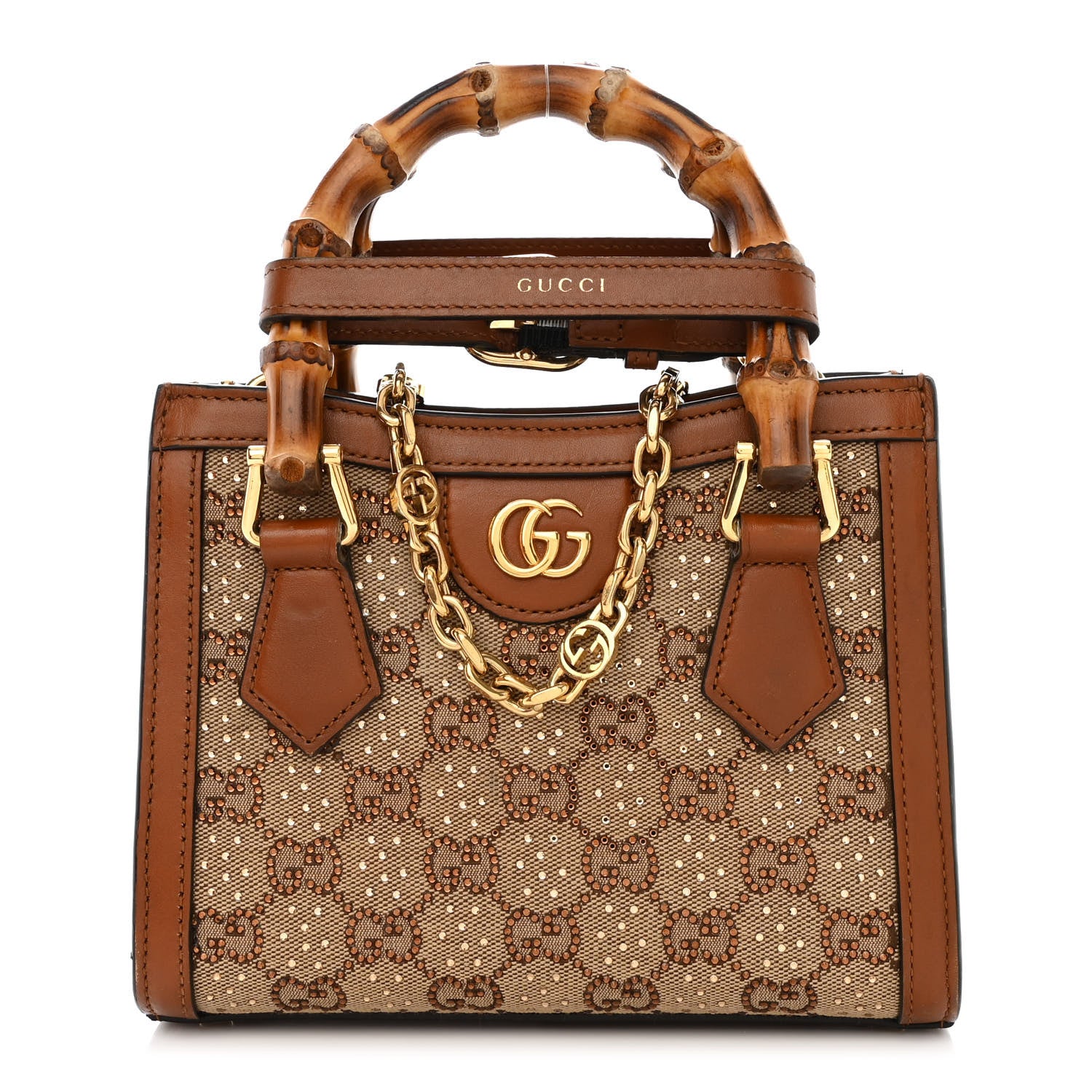 Gucci New Canvas Charisma Calfskin Crystal GG Monogram Mini Diana Tote Bag Camel Ebony 1 of 19
