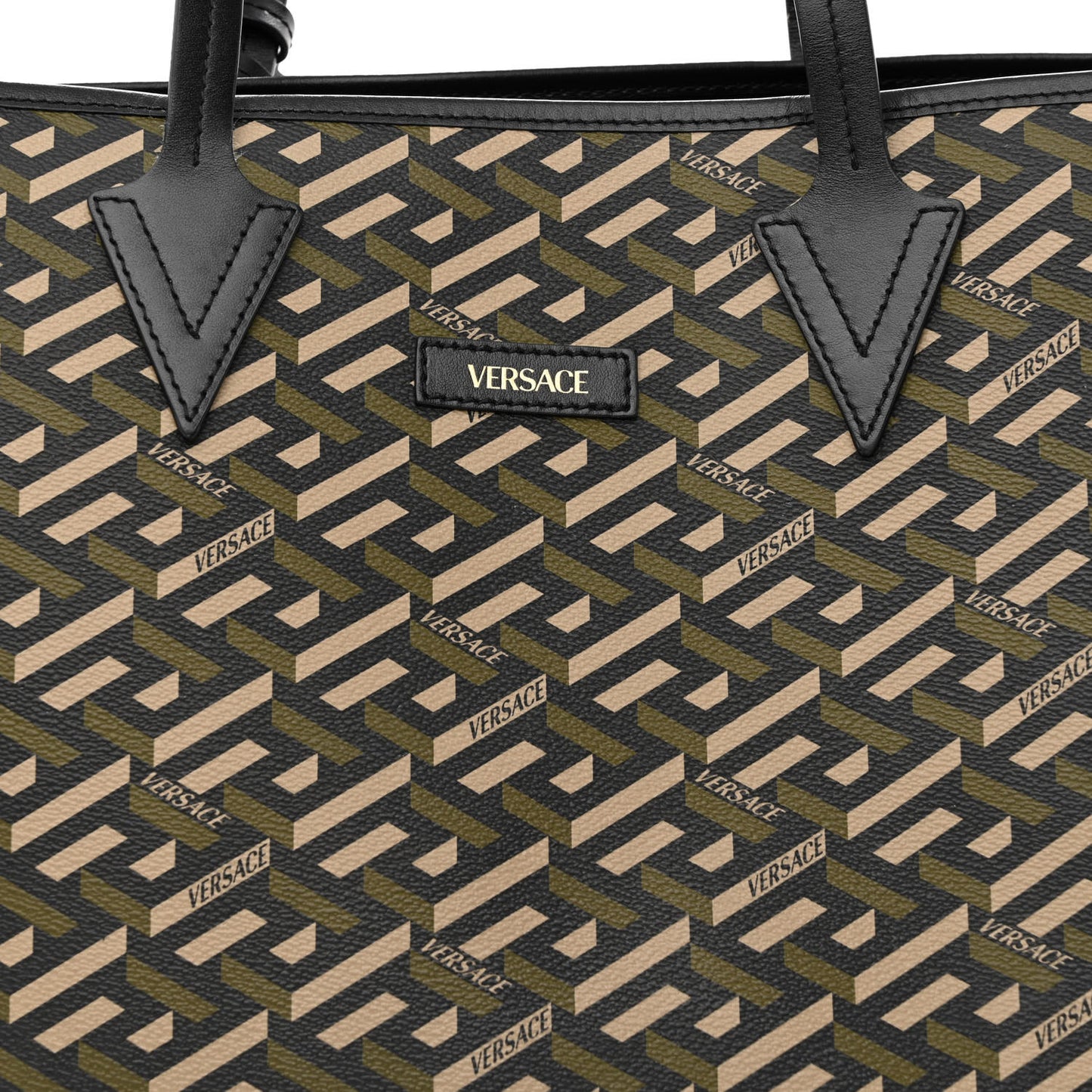 Canvas Calfskin Monogram La Greca Medusa Tote Black Khaki
