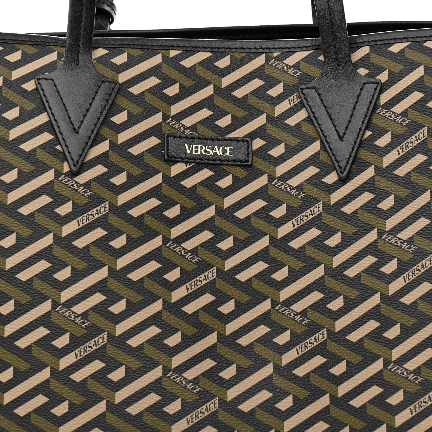 Versace Canvas Calfskin Monogram La Greca Medusa Tote Black Khaki 8 of 11