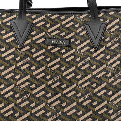 Versace Canvas Calfskin Monogram La Greca Medusa Tote Black Khaki 8 of 11