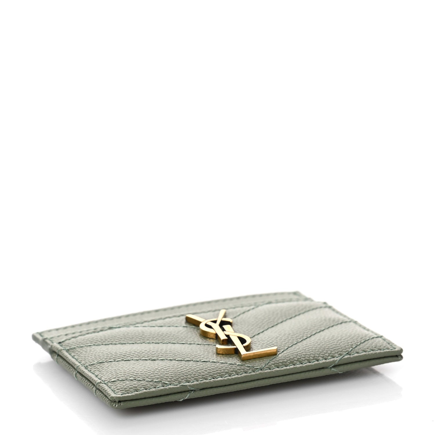 Saint Laurent Grain De Poudre Matelasse Chevron Monogram Credit Card Case Light Sage 4 of 9