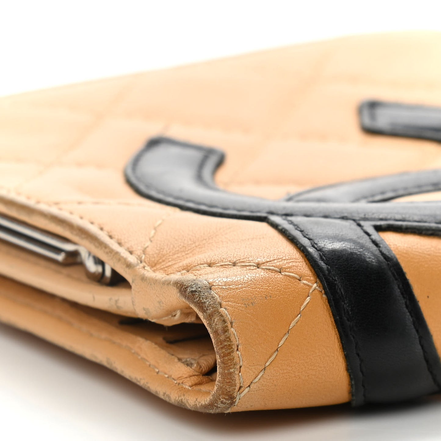 Calfskin Quilted Cambon Bi-Fold Wallet Beige Black