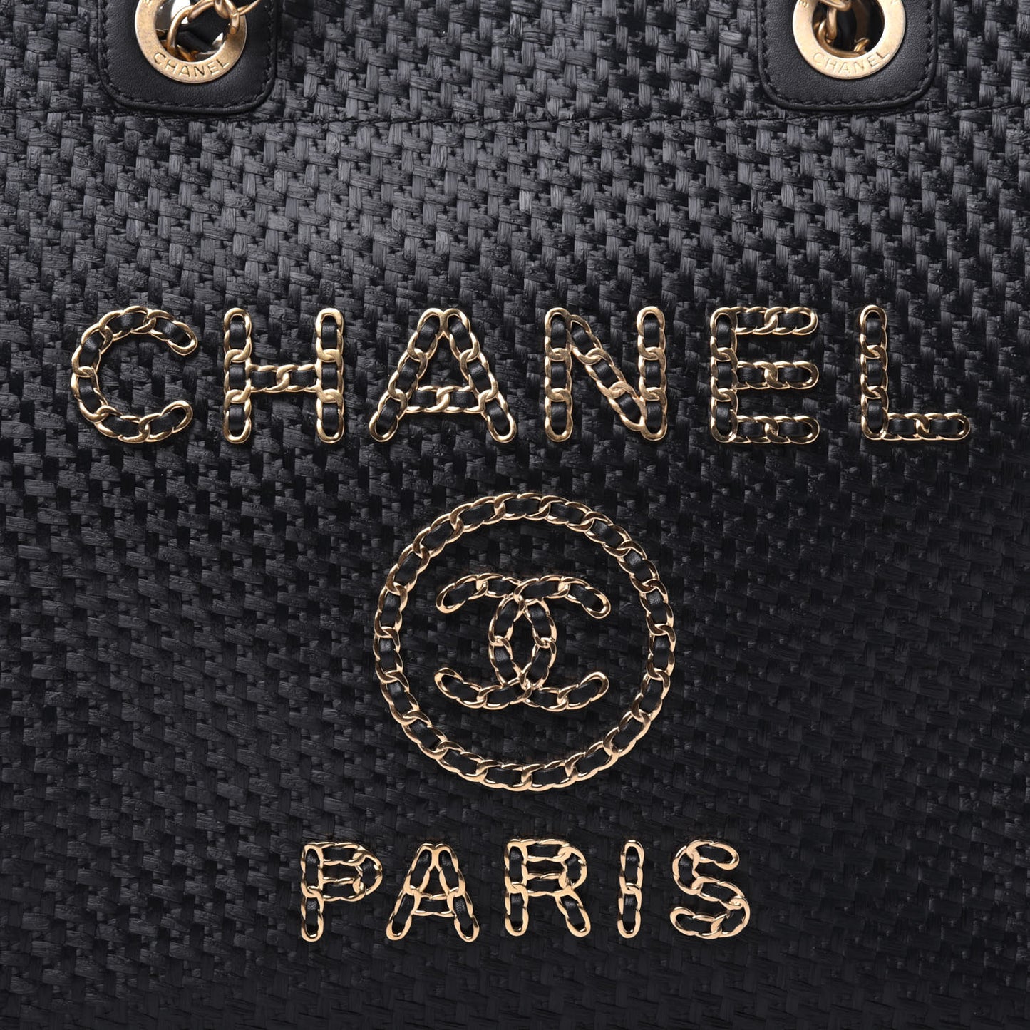 Straw Raffia Calfskin Chain Small Deauville Tote Black