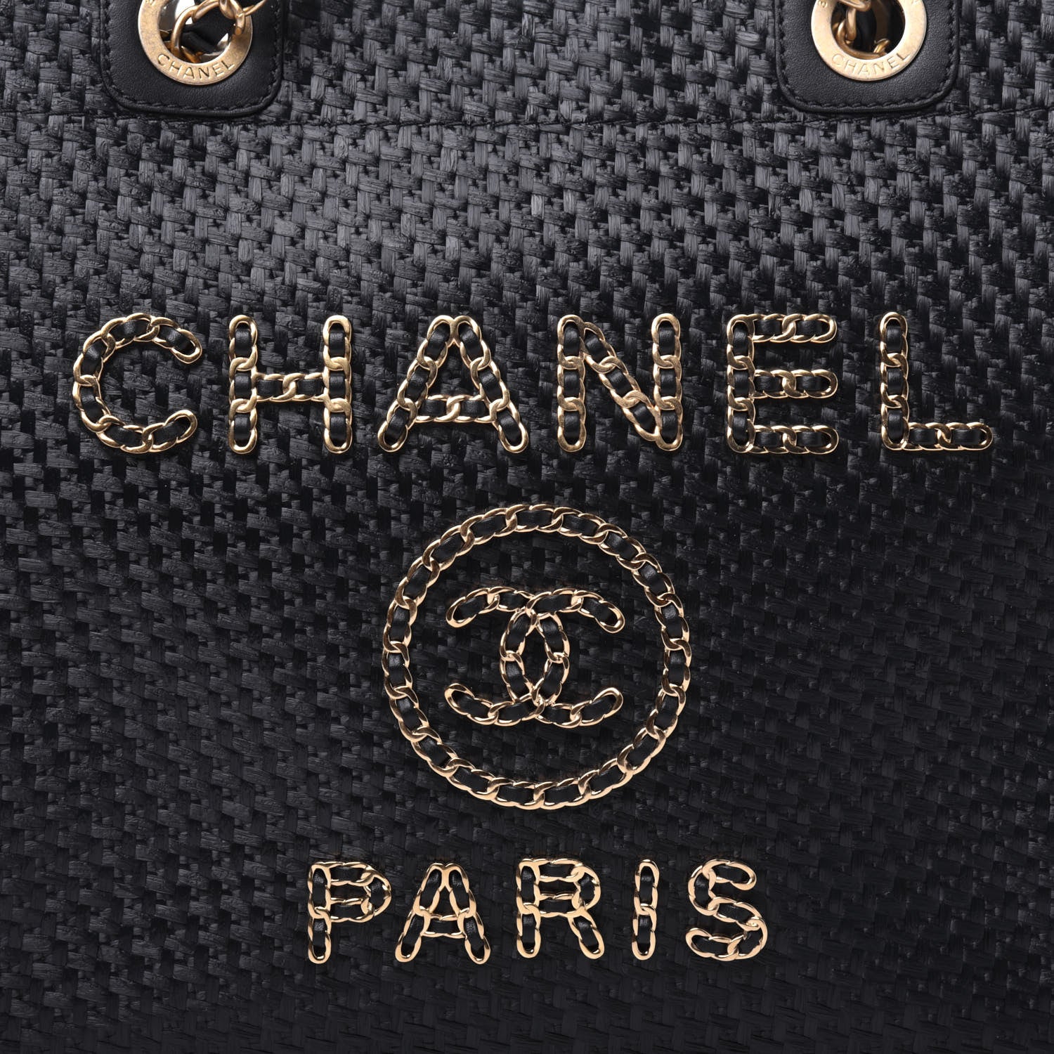 Chanel Straw Raffia Calfskin Chain Small Deauville Tote Black 12 of 13