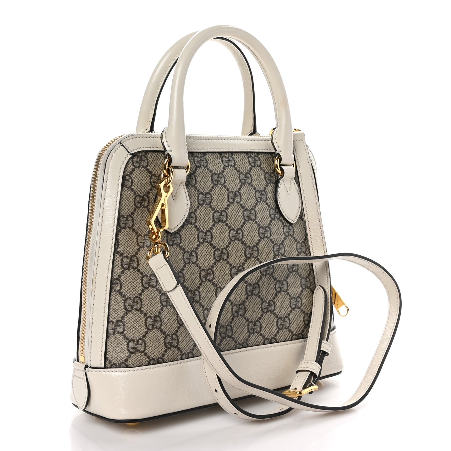 GG Supreme Monogram Azalea Calfskin Small Horsebit 1955 Top Handle Bag Beige Ebony Mystic White