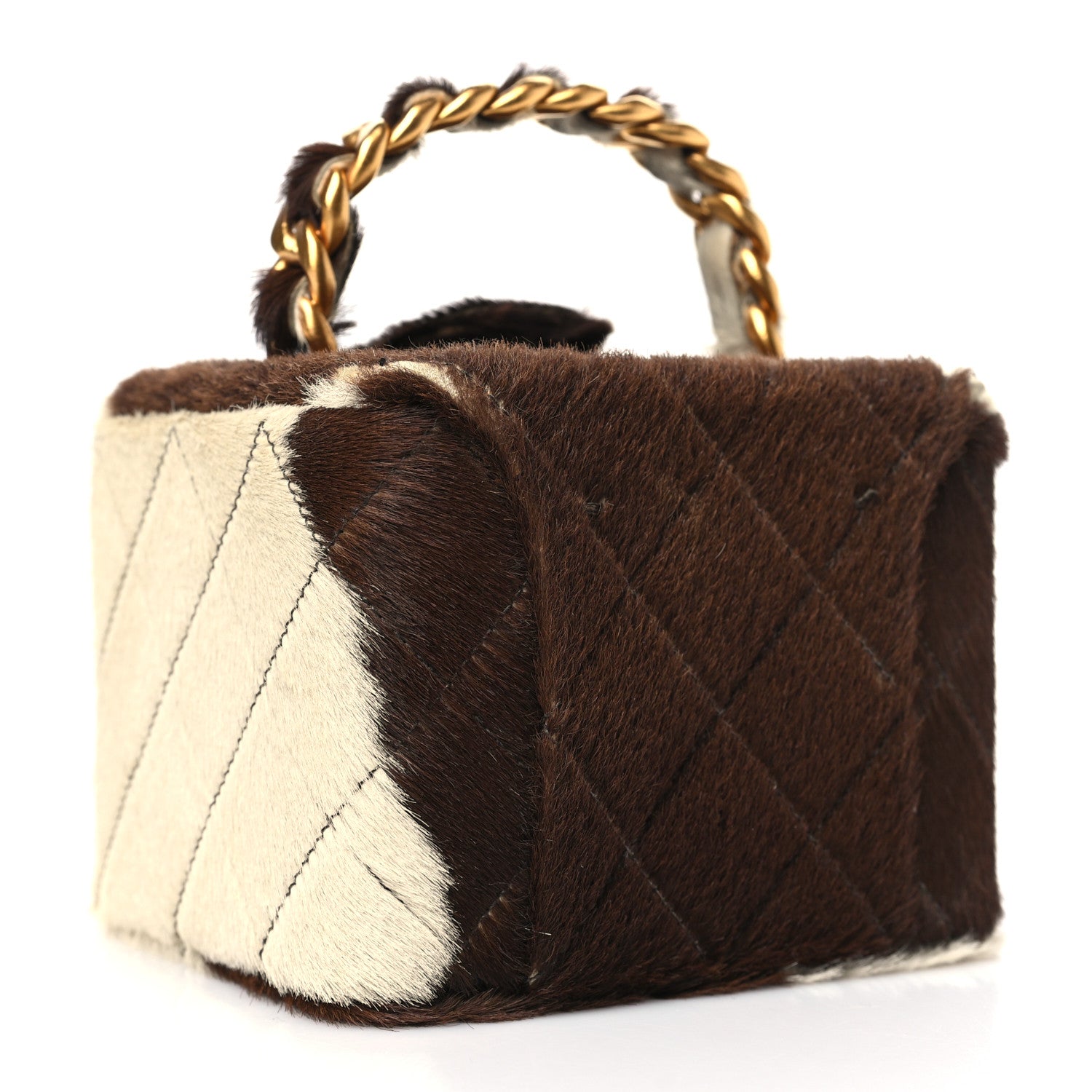 Chanel Pony Hair Quilted Cow Print Mini Top Handle Vanity Case Brown White 3 of 13