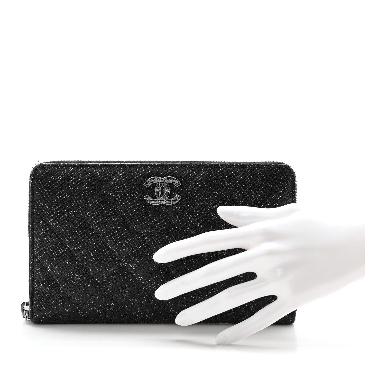 Chanel Glittered Calfskin Quilted Large Zip Around Organizer Wallet Black 2 of 9