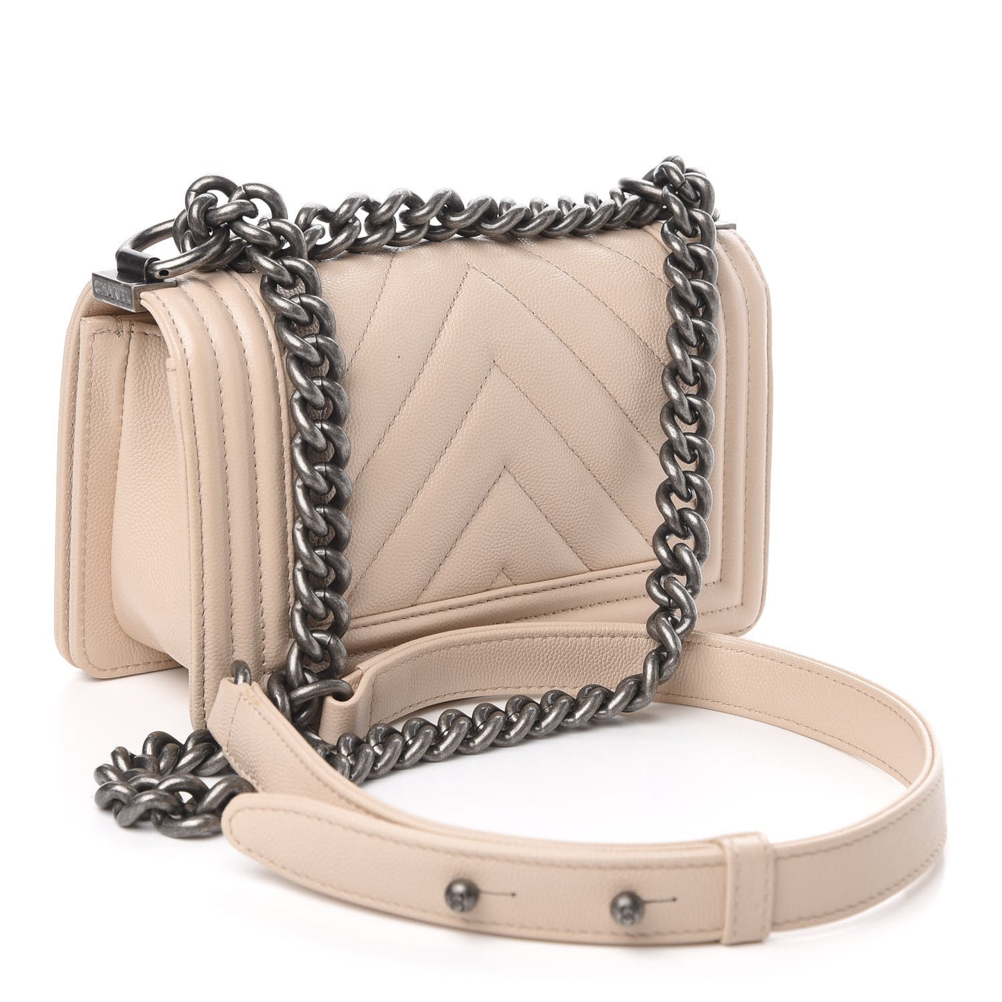 Caviar Chevron Quilted Small Boy Flap Light Beige