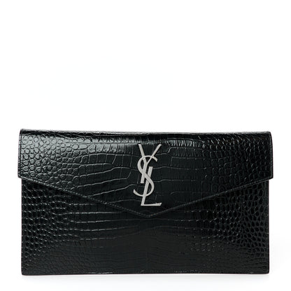 Saint Laurent Calfskin Crocodile Embossed Uptown Monogram Pouch Black 1 of 8