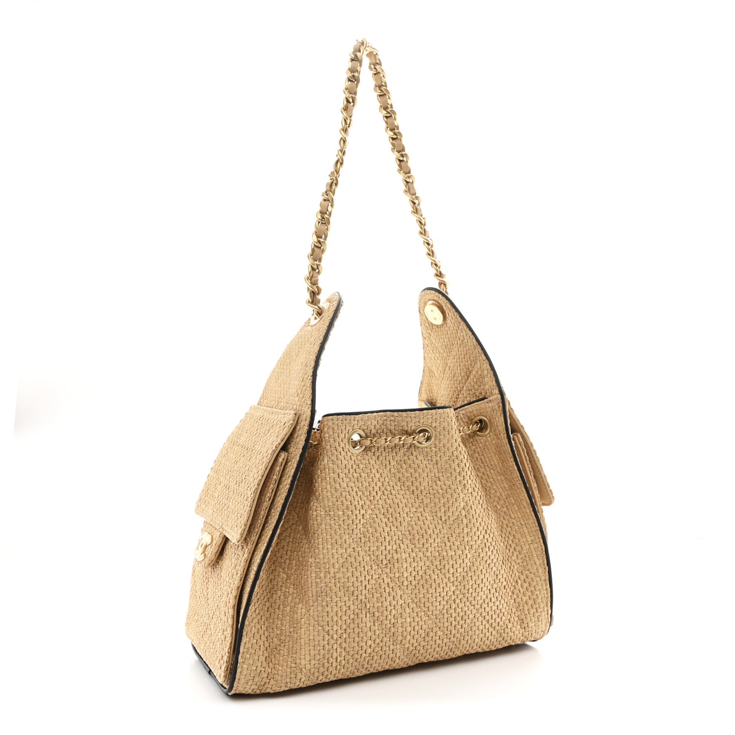 Braided Raffia Calfskin Small Chanel 25 Handbag Beige Black