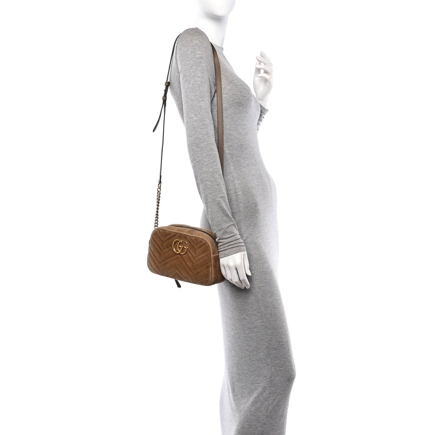 Velvet Matelasse Small GG Marmont Chain Shoulder Bag Taupe