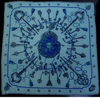 Hermes Cashmere Silk Keys Les Cles Fringed Scarf Bleu 90 1 of 5
