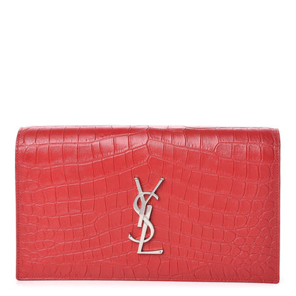 Saint Laurent Calfskin Crocodile Embossed Classic Kate Monogram Clutch Red 1 of 10