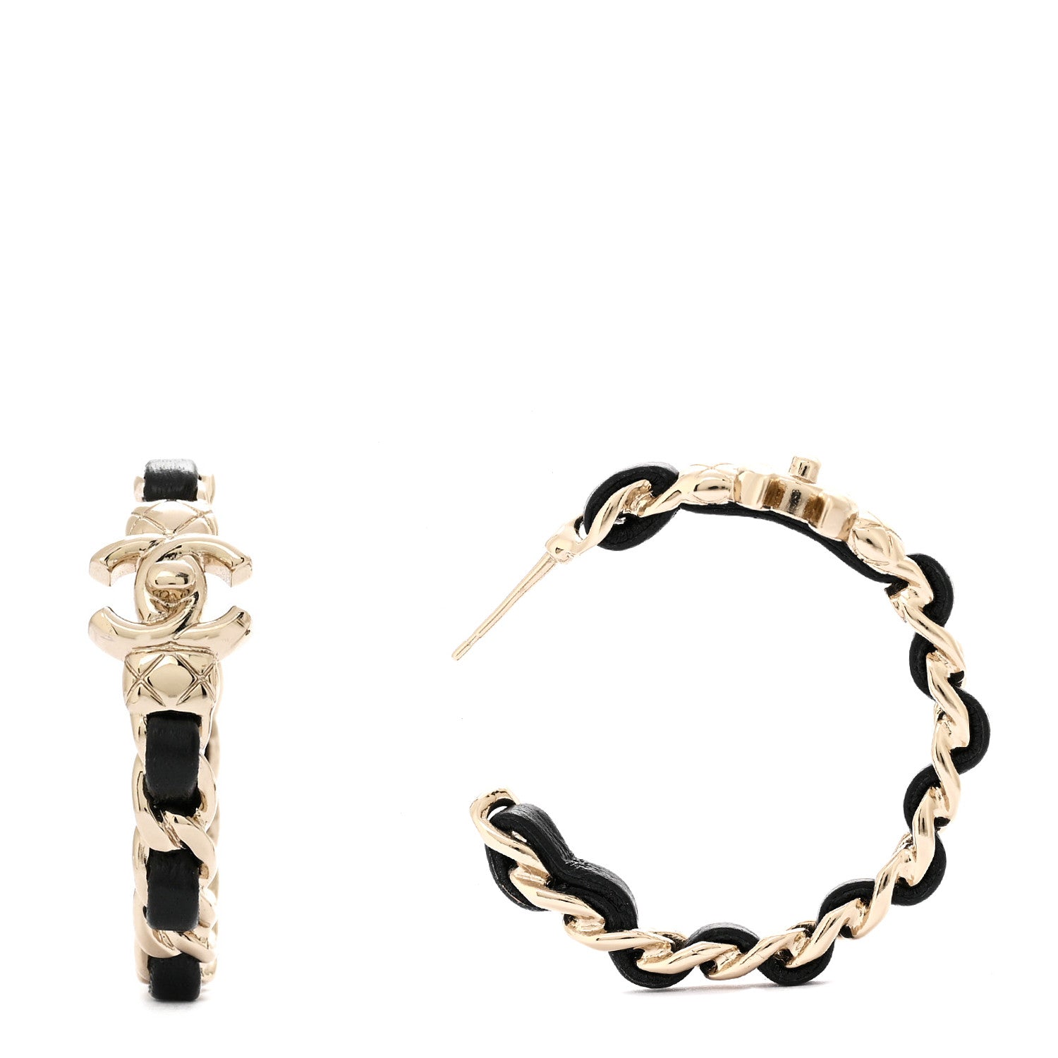 Chanel Metal Lambskin Quilted CC Turnlock Chain Hoop Earrings Gold Black 1 of 5