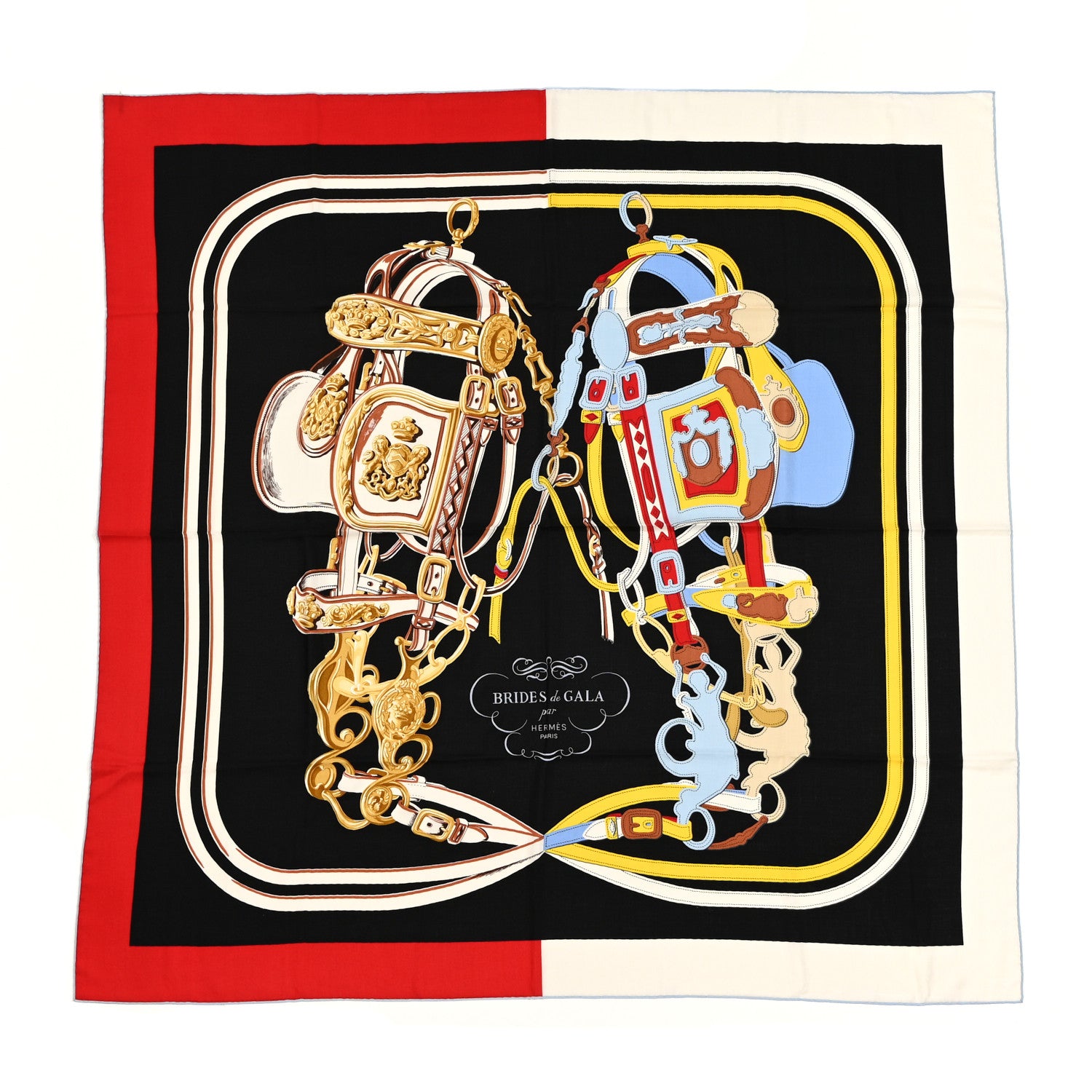 Hermes Silk Cashmere Brides De Gala Applique Pique Shawl 140 Rouge Black Bleu Ciel 1 of 3