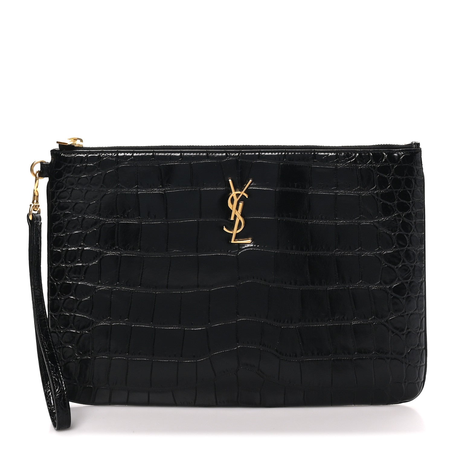 Saint Laurent Calfskin Crocodile Embossed Tablet Pouch Black 1 of 9