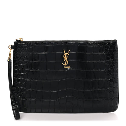 Saint Laurent Calfskin Crocodile Embossed Tablet Pouch Black 1 of 9