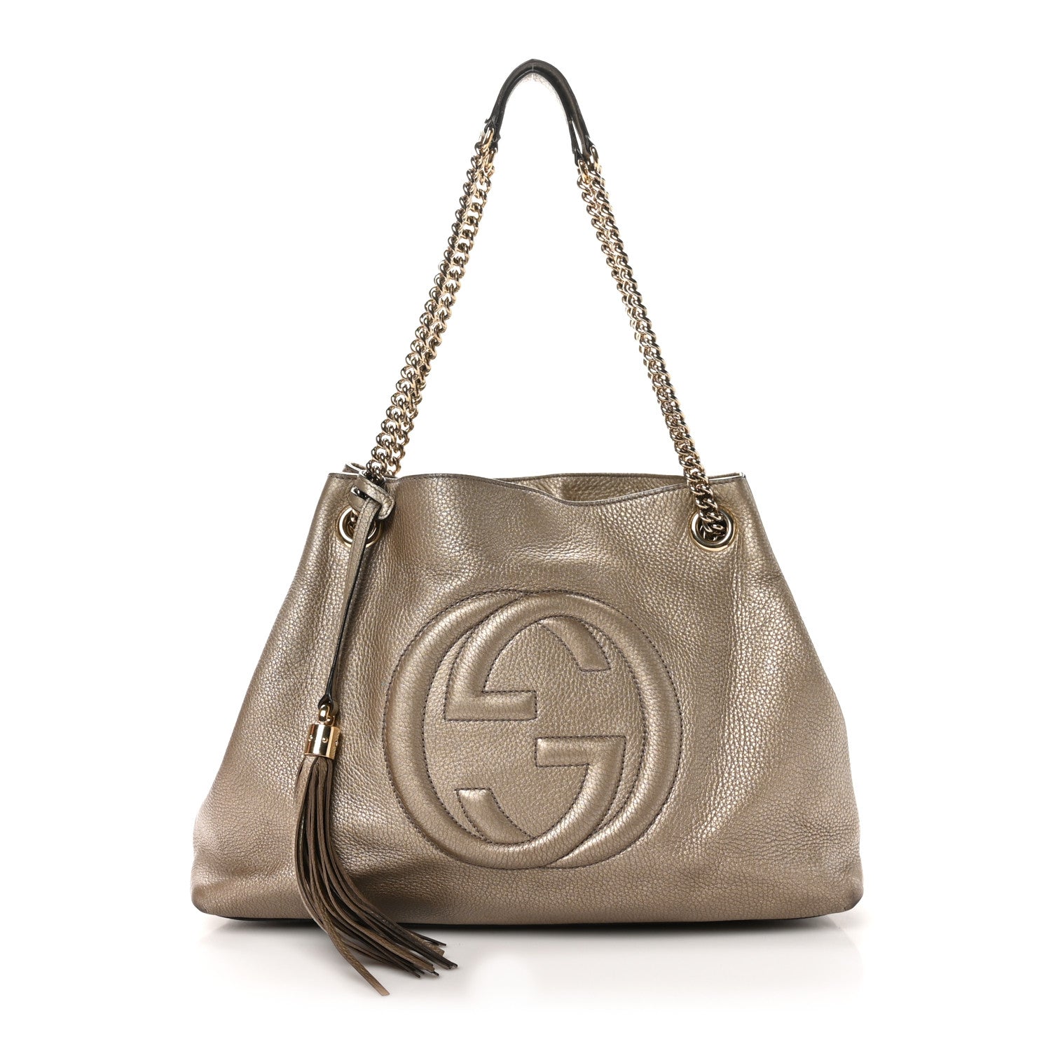 Gucci Metallic Pebbled Calfskin Medium Soho Chain Shoulder Bag Golden Beige 1 of 12