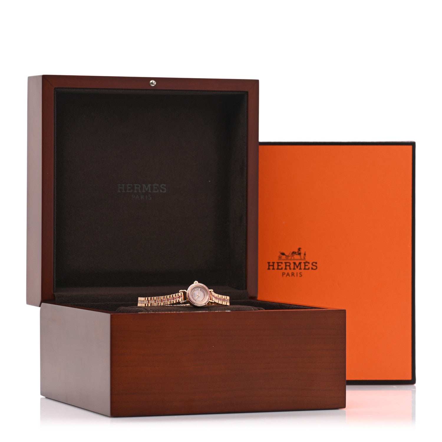 Hermes 18K Rose Gold Diamond Pink Sapphire 16mm Faubourg Quartz