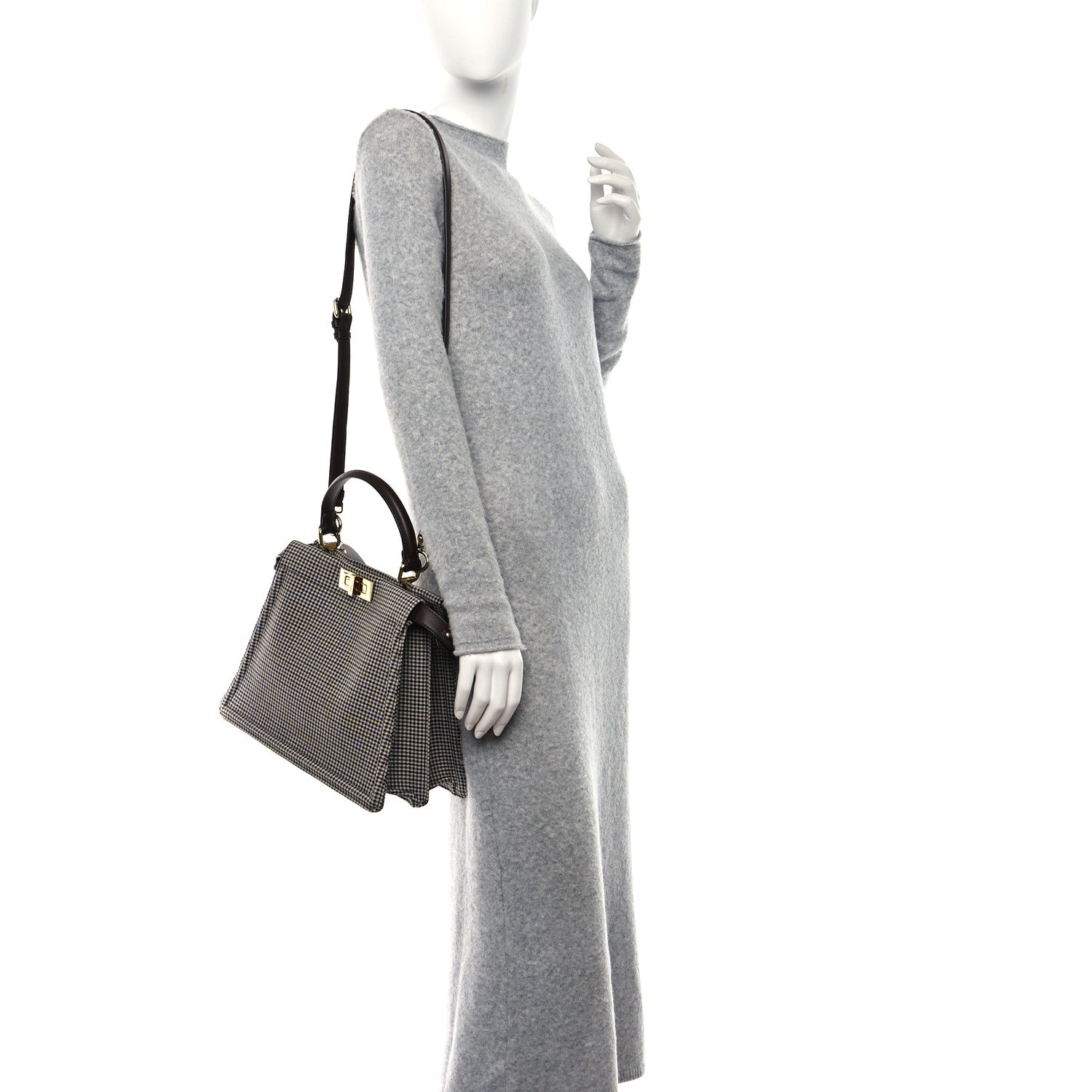 Fendi Wool Fabric Jacquard Cuoio Large Houndstooth FF 1974 Medium Peekaboo I SEE U Satchel Beige Tobacco Moro 2 of 9