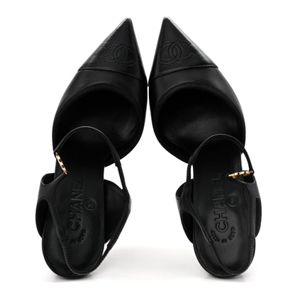 Chanel Lambskin Pointed Cap Toe CC Slingback Pumps 38 Black 2 of 12