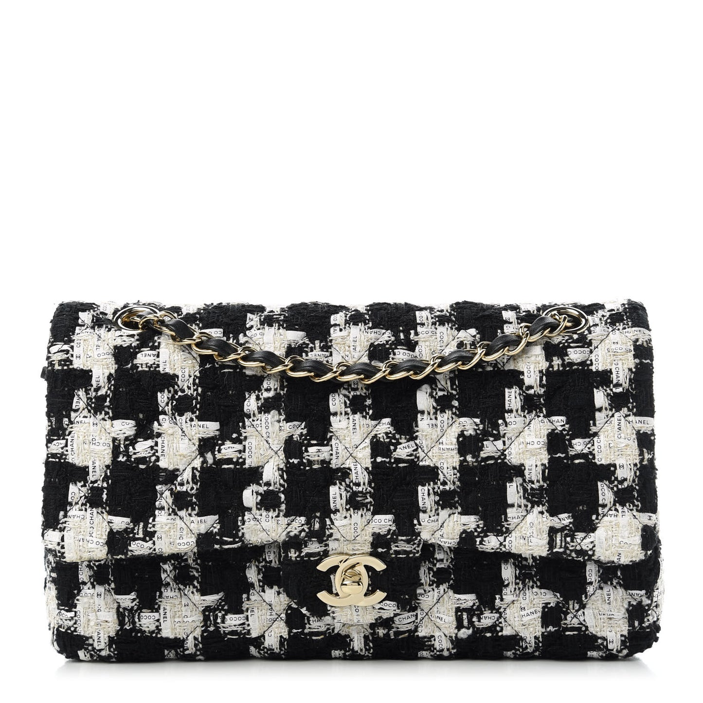 Tweed Quilted Medium Double Flap Black Ecru White