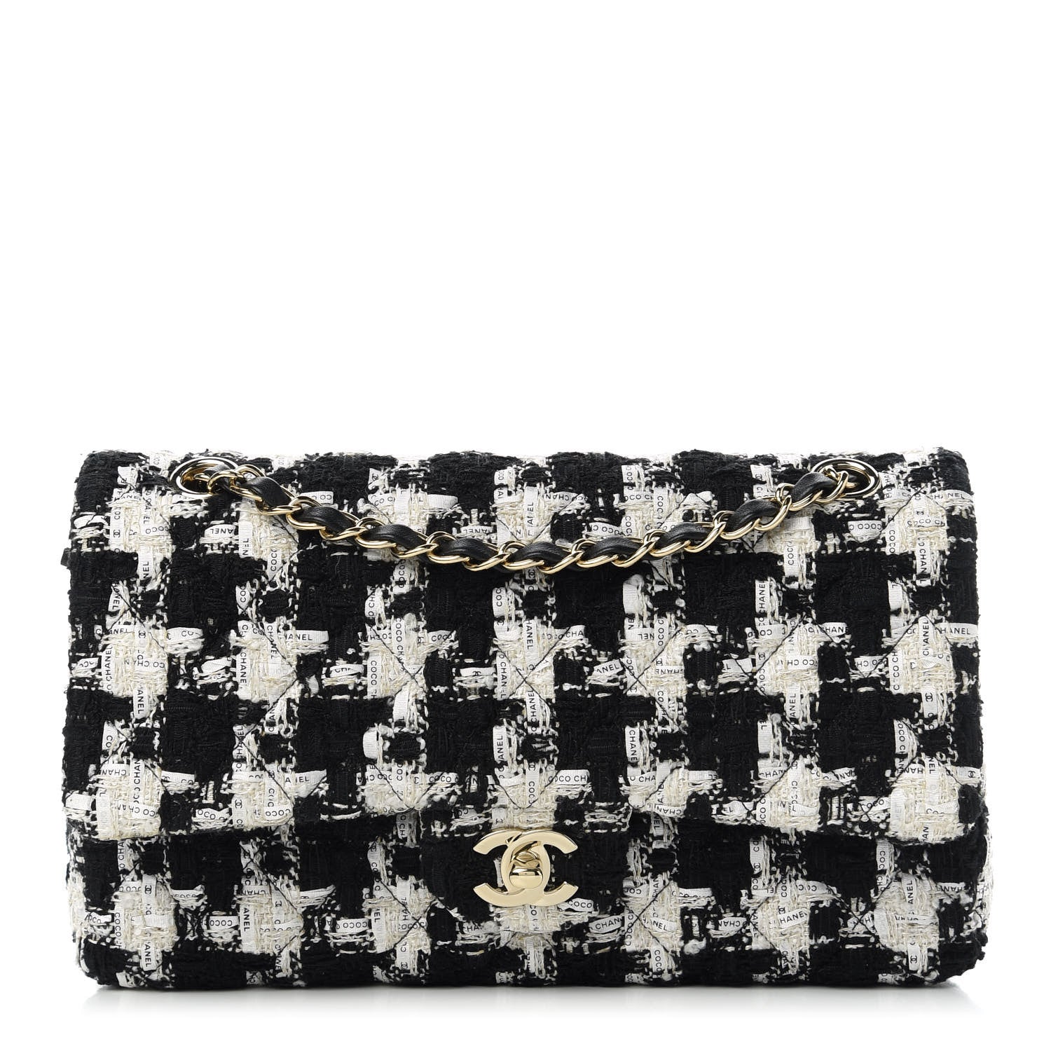Chanel Tweed Quilted Medium Double Flap Black Ecru White 1 of 11