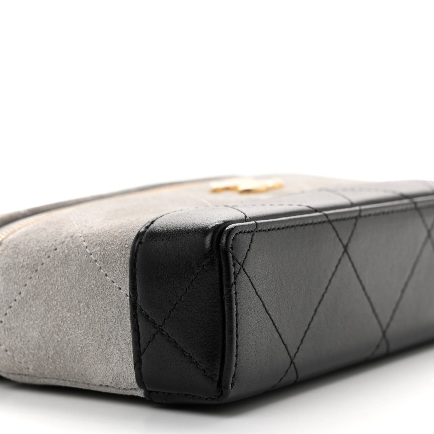 Suede Calfskin Shiny Lambskin Quilted Top Handle Slim Vanity Case With Chain Grey Black