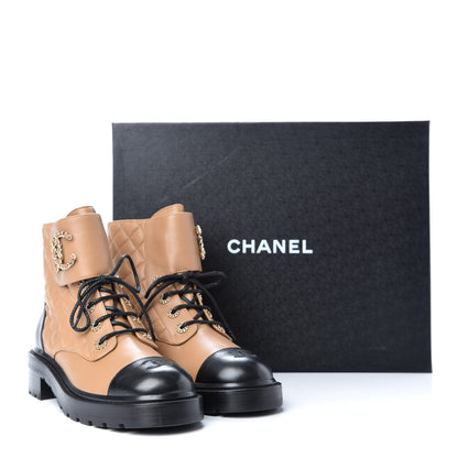 Chanel Lambskin Calfskin Quilted Lace Up Combat Boots 39.5 Light Brown Black 11 of 11