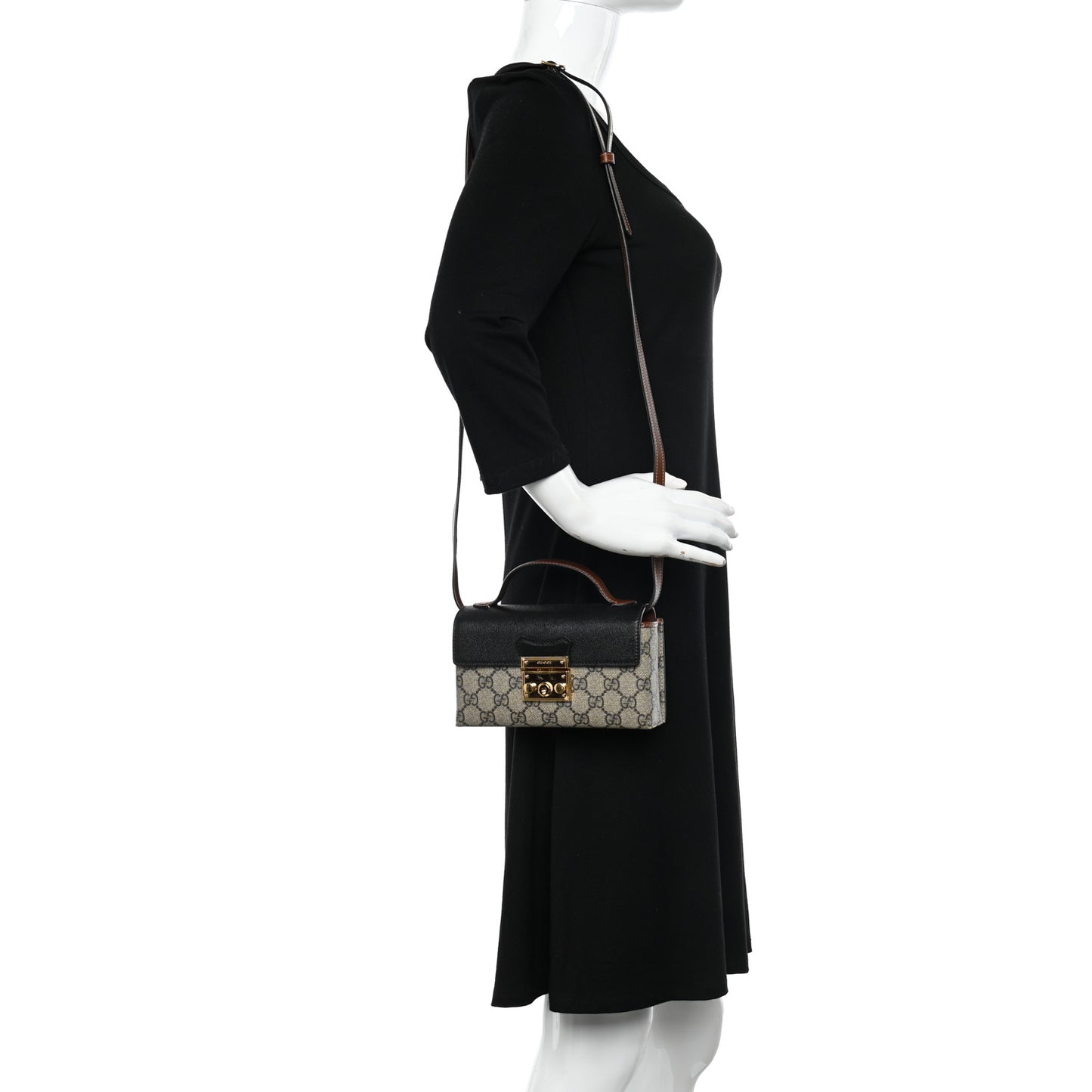 GG Supreme Monogram Calfskin Mini Padlock Top Handle Shoulder Bag Beige Black Cuir