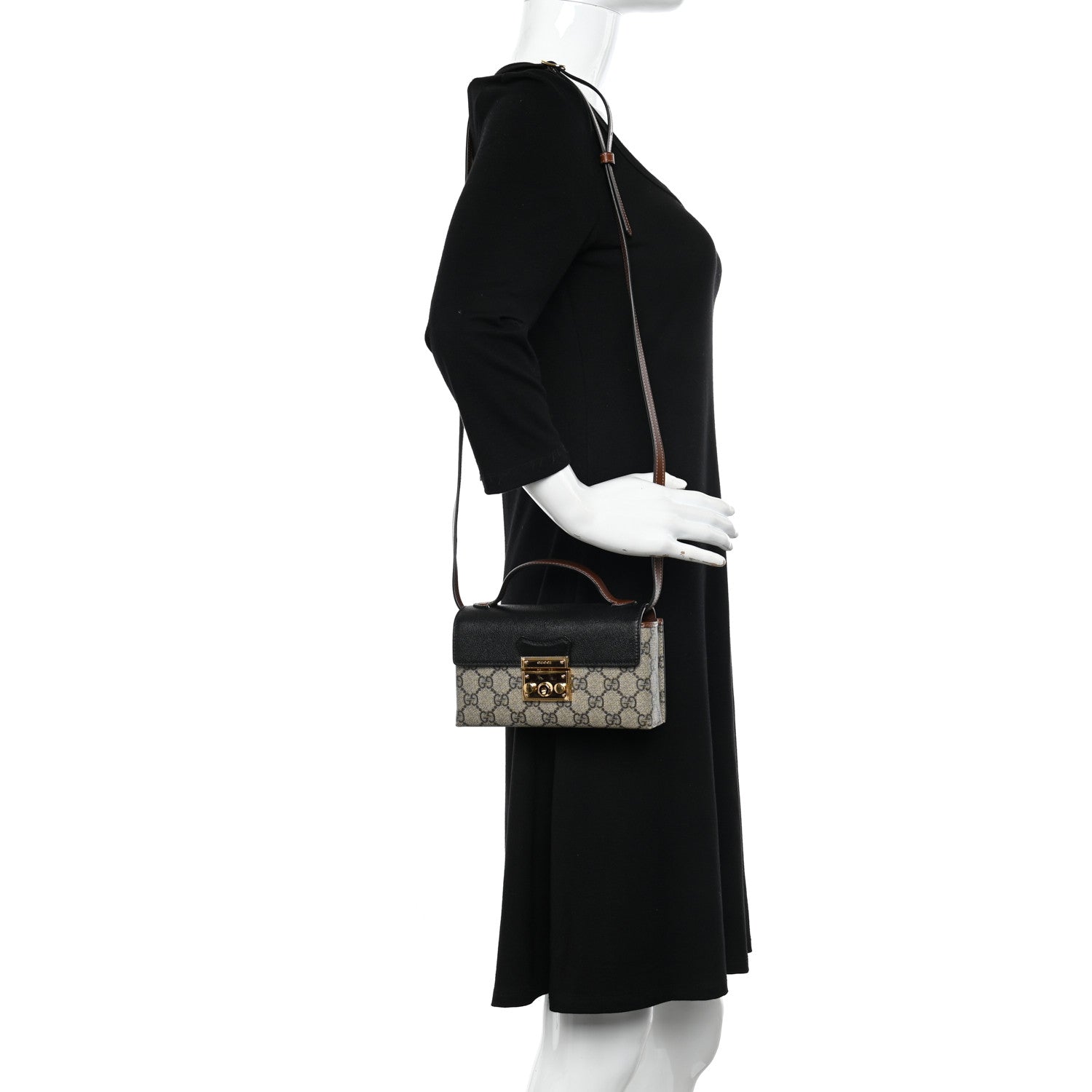 Gucci GG Supreme Monogram Calfskin Mini Padlock Top Handle Shoulder Bag Beige Black Cuir 2 of 10