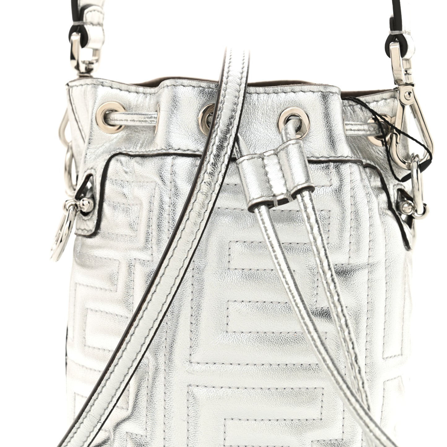 X MARC JACOBS Agnello Laminato Trapunta FF Mini Mon Tresor Bucket Bag Argento