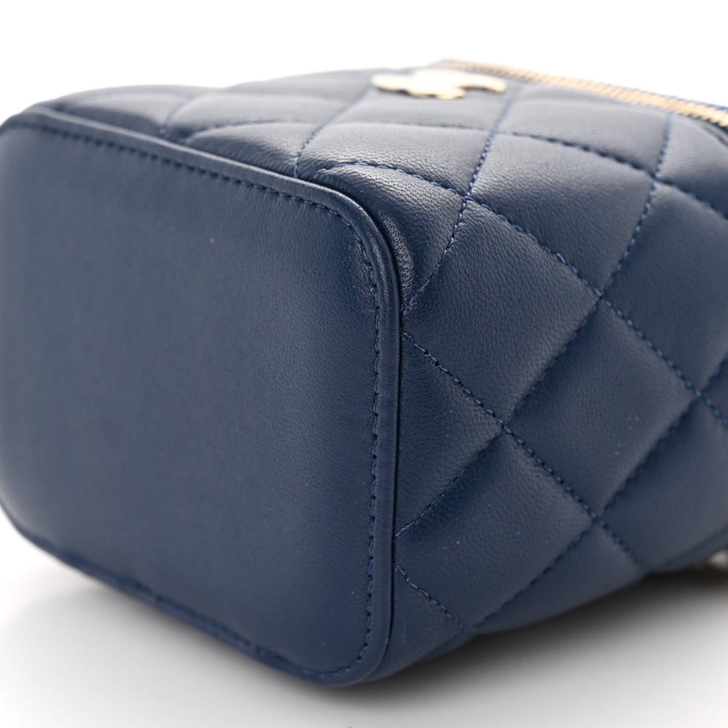 Lambskin Quilted Top Handle Mini Vanity Case With Chain Blue