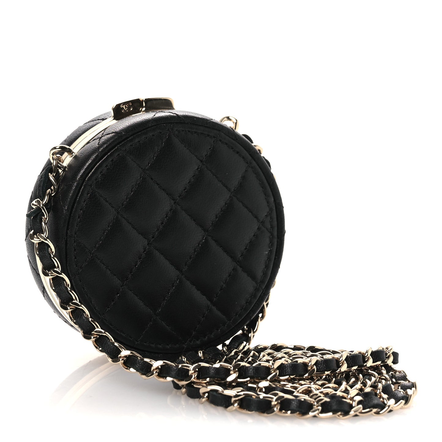 Lambskin Enamel Quilted Round Poker Chip Clutch With Chain Black White