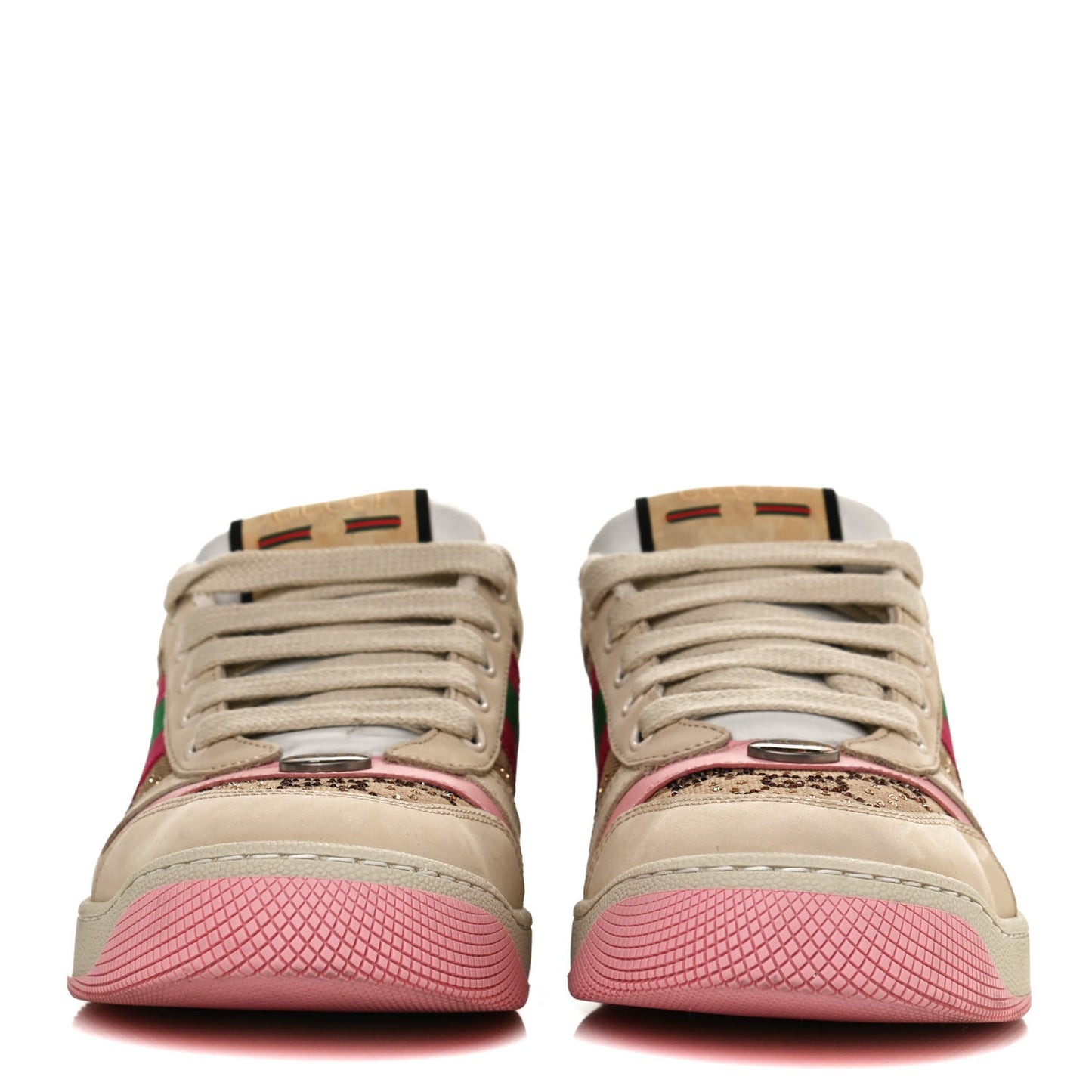 New GG Monogram Nubuck Web Crystal Embellished Womens Screener Sneakers 38 Camel Ebony Wild Rose