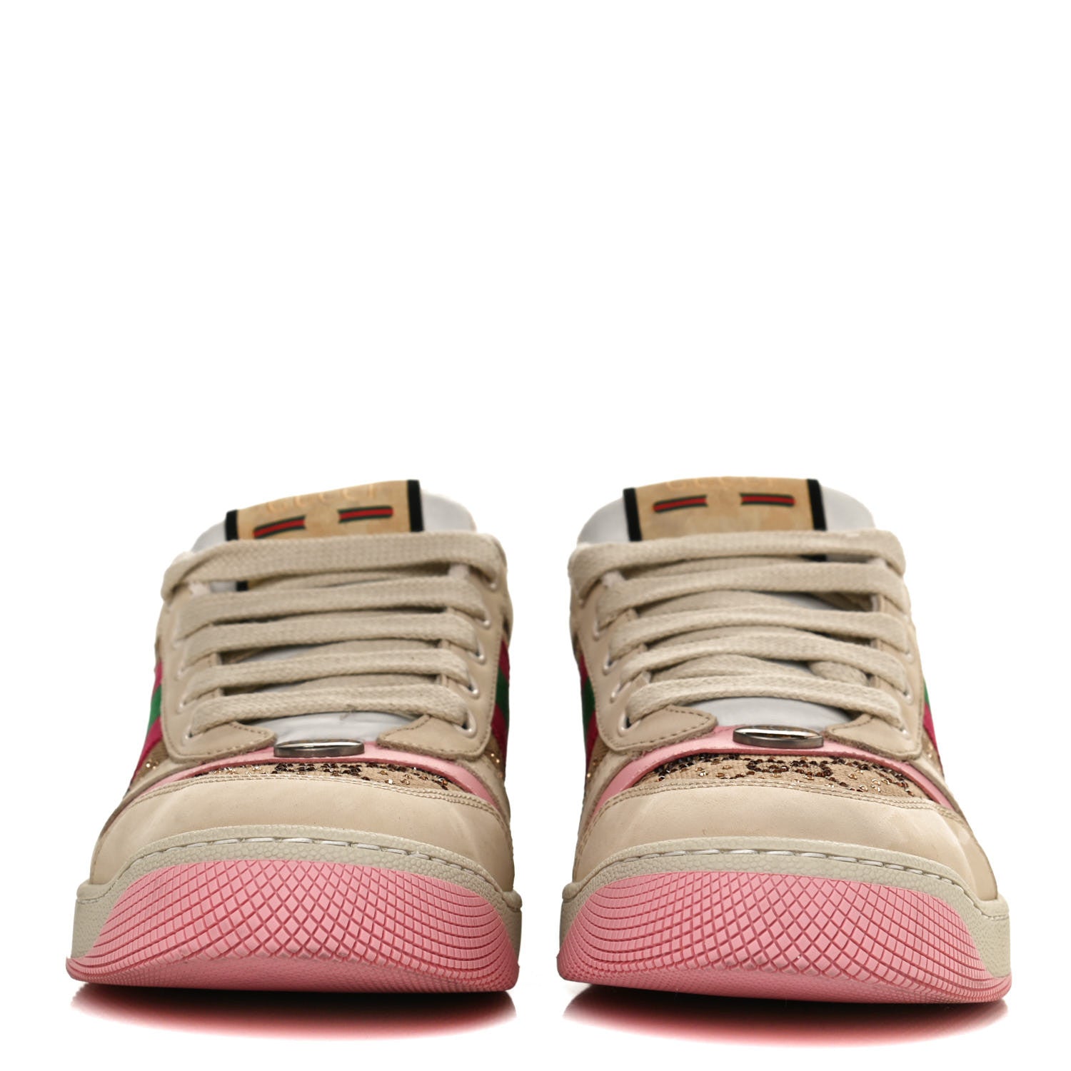 Gucci New GG Monogram Nubuck Web Crystal Embellished Womens Screener Sneakers 38 Camel Ebony Wild Rose 4 of 12