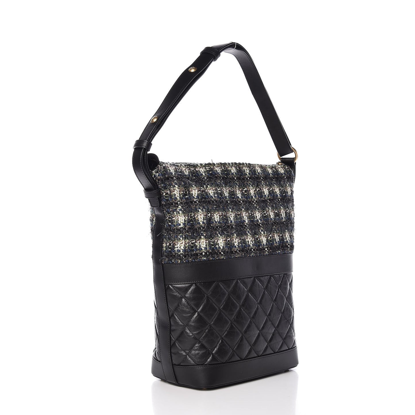 Tweed Aged Calfskin Quilted Casual Style Hobo Black