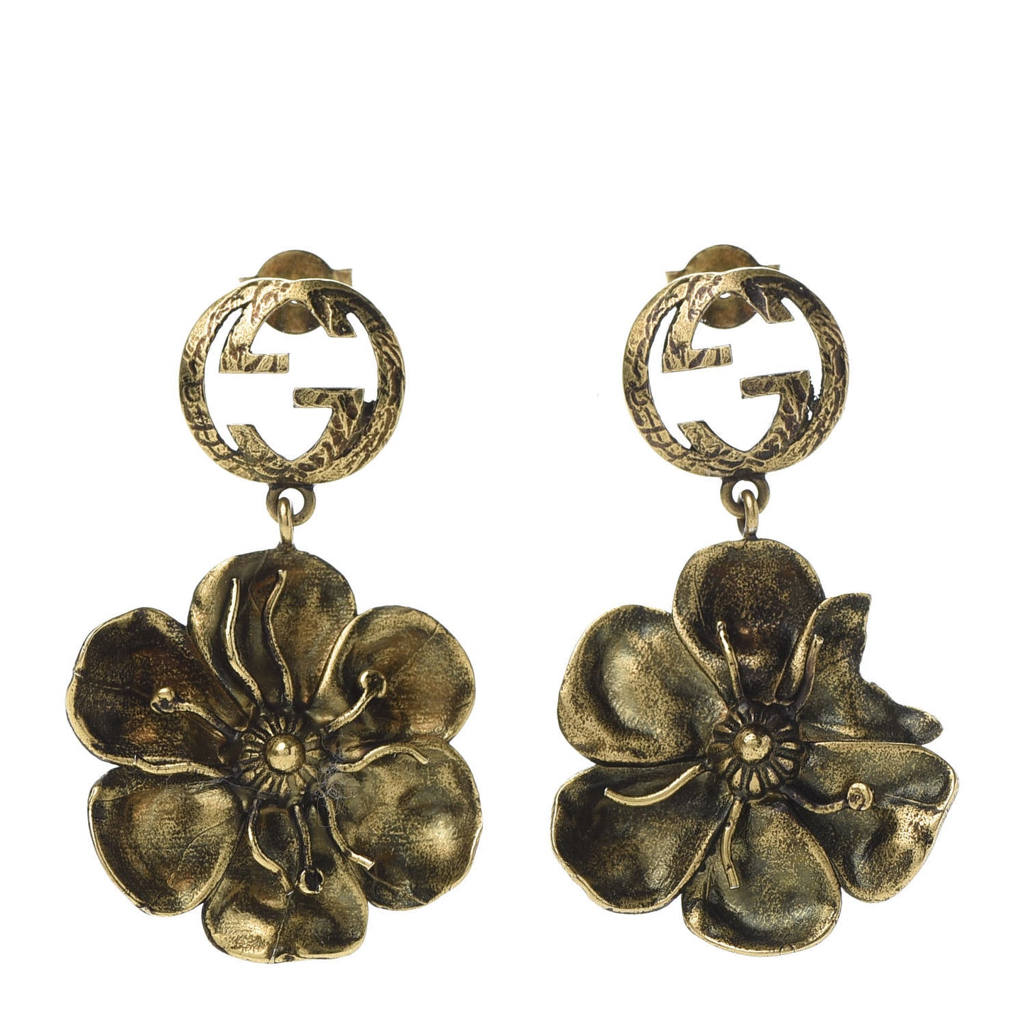Metal Interlocking GG Floral Pendant Earrings Aged Gold