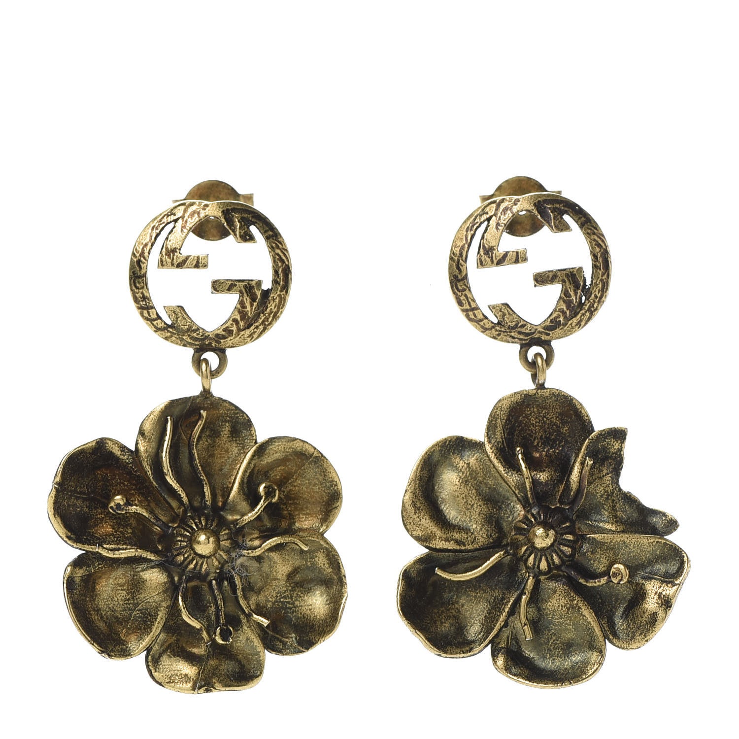 Gucci Metal Interlocking GG Floral Pendant Earrings Aged Gold 1 of 5