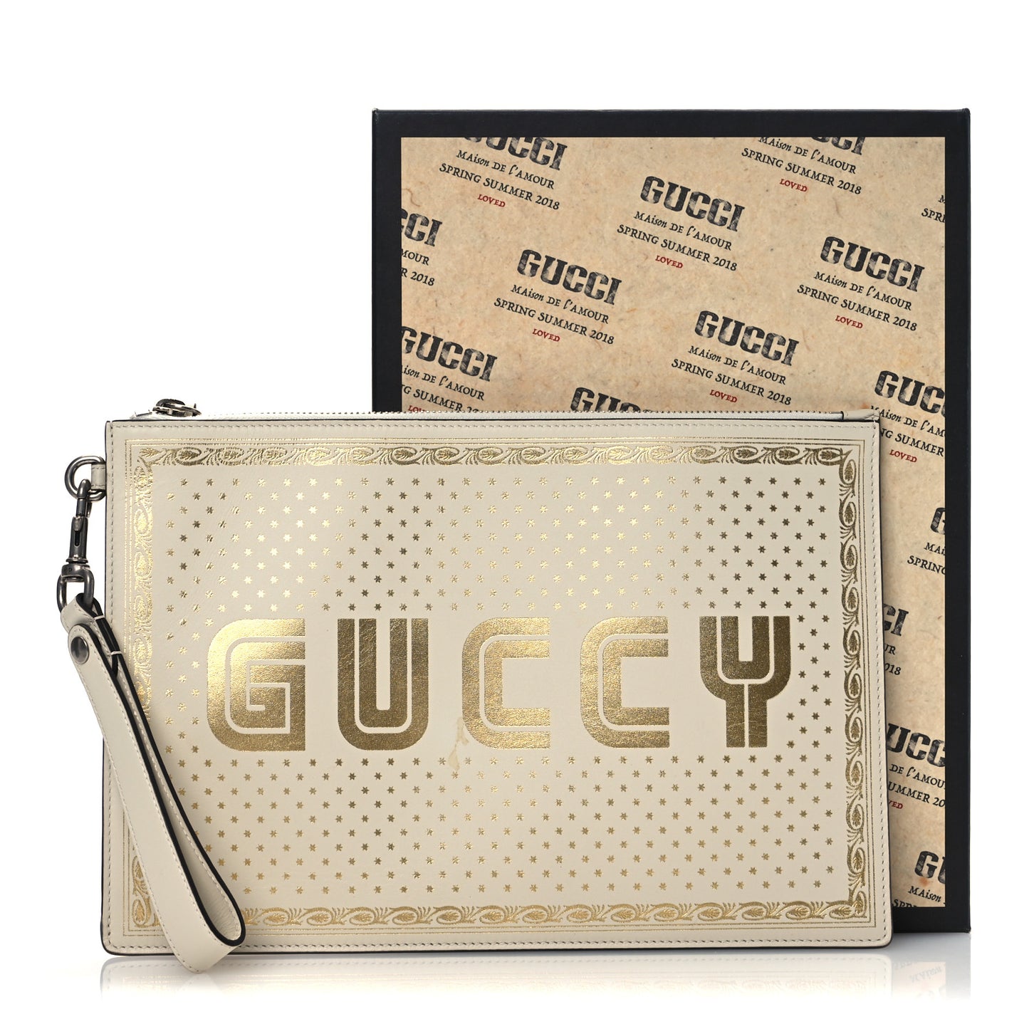 X SEGA Calfskin GUCCY Stars Zip Wristlet Pouch Mystic White Gold