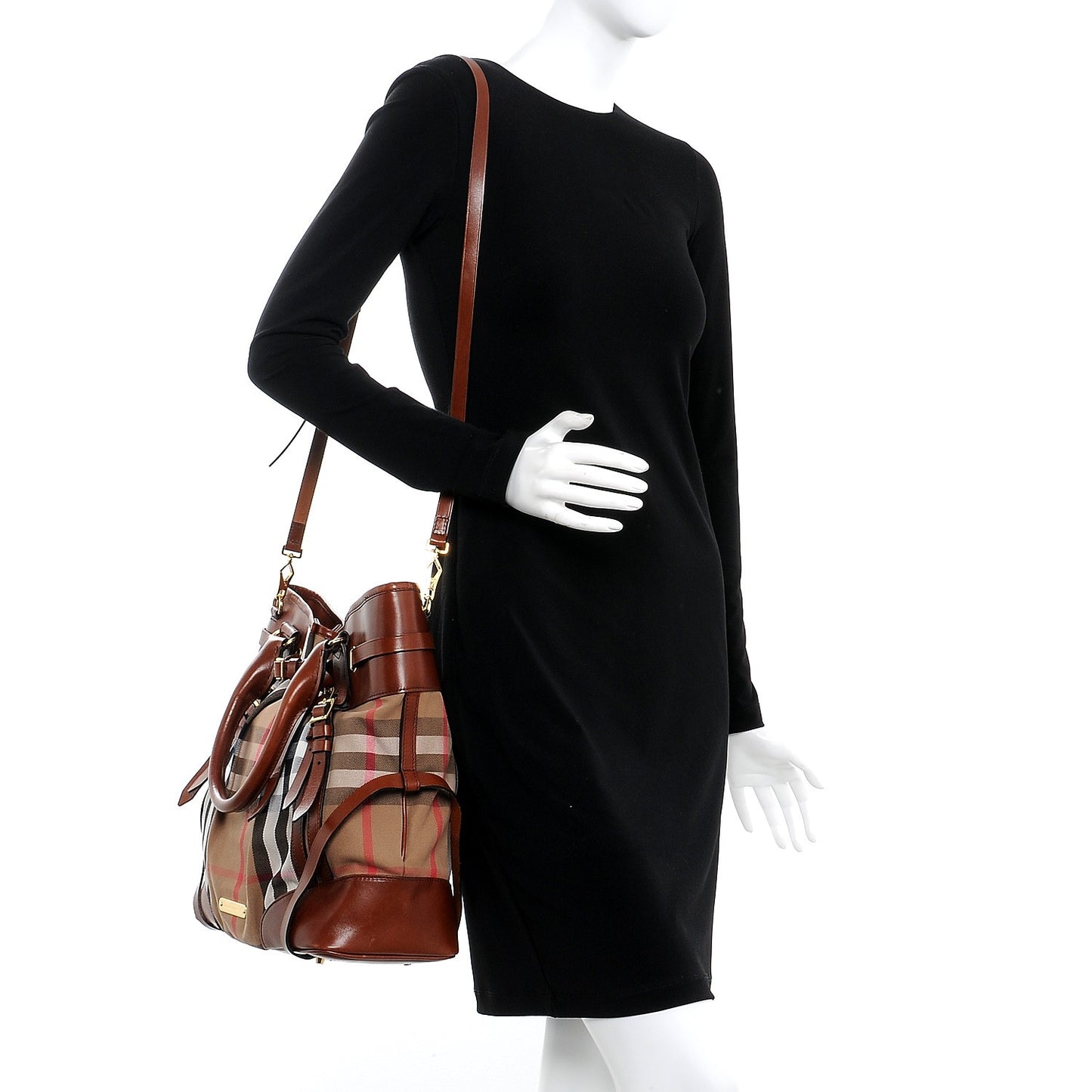 House Check Bridle Calfskin Medium Whipstitch Tote Dark Tan