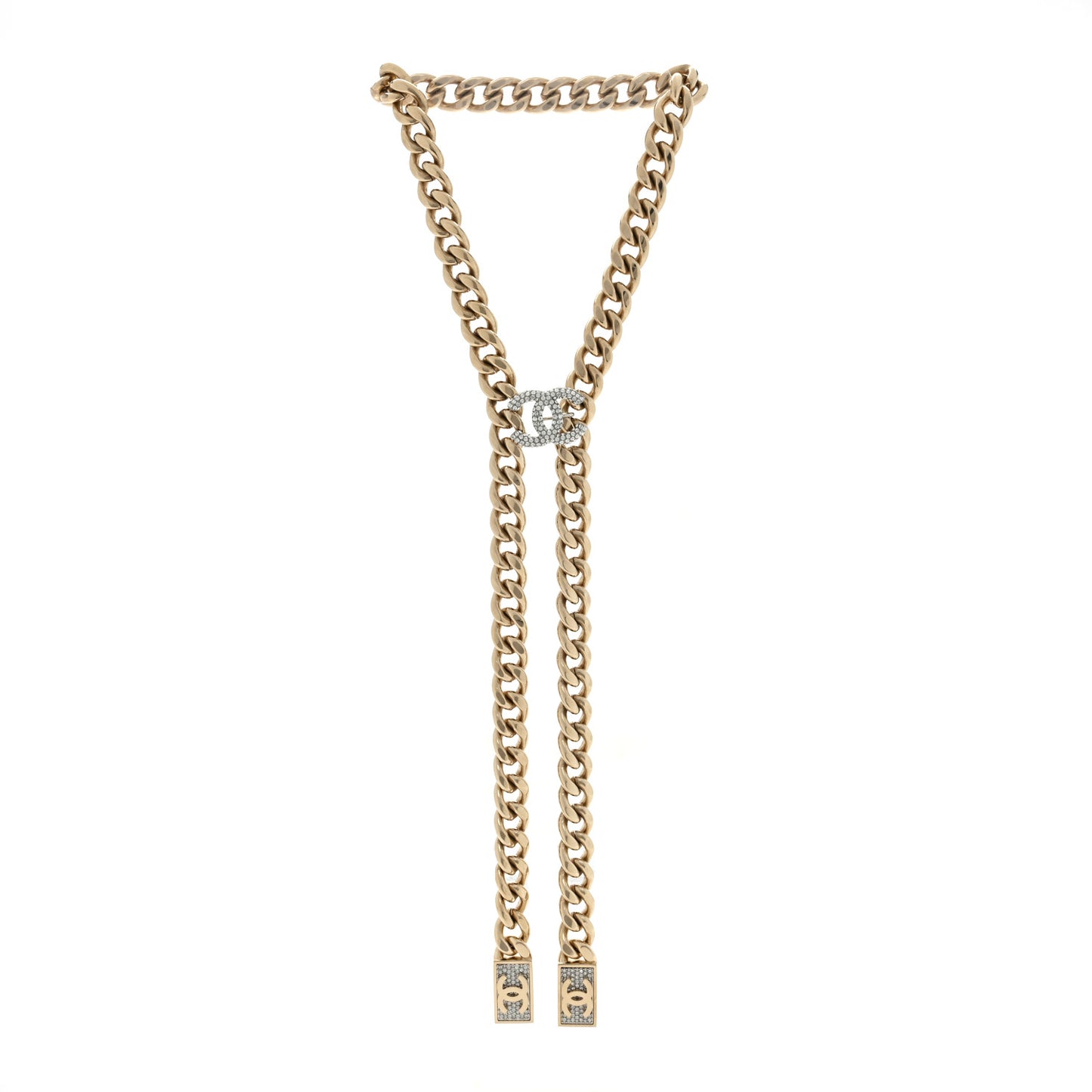 Chain Link Crystal CC Dog Tag Charm Necklace Gold