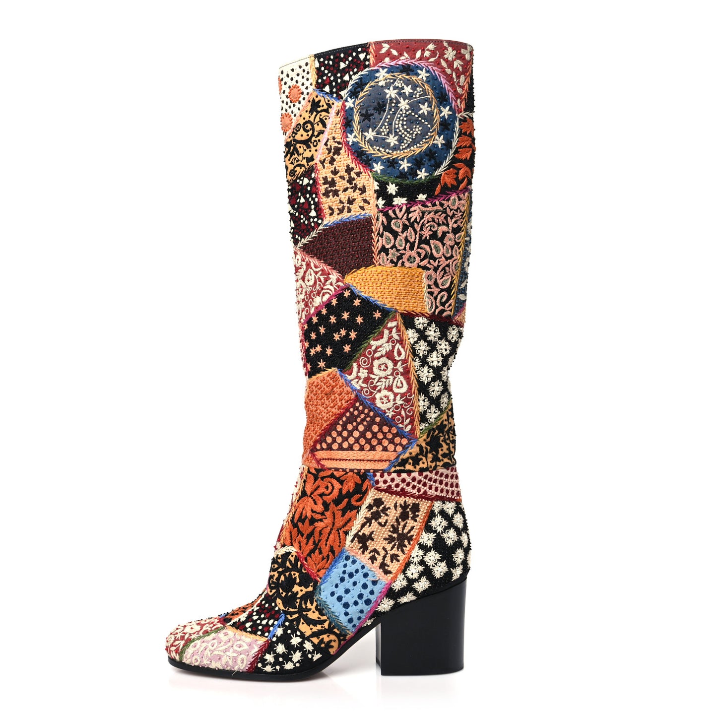 Embroidered Diorage Patchwork Knee High Boots 36 Multicolor