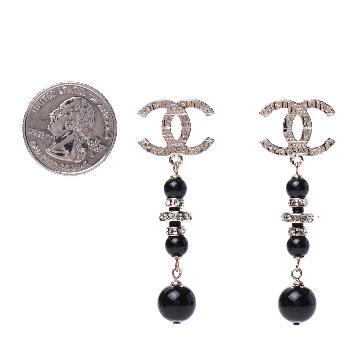 Chanel Crystal Bead Scarab CC Drop Earrings Gold Black 2 of 5